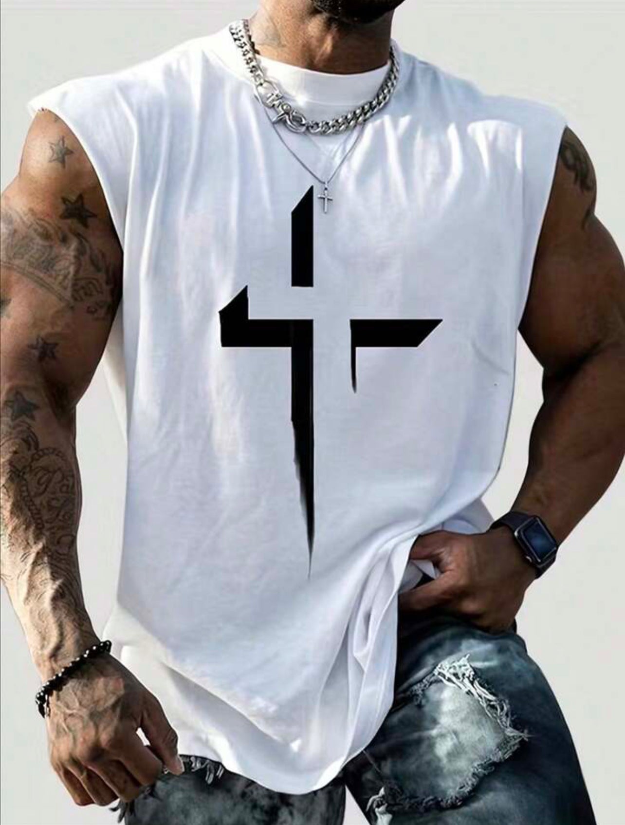 Christian 男式短袖图案背心 - 十字架